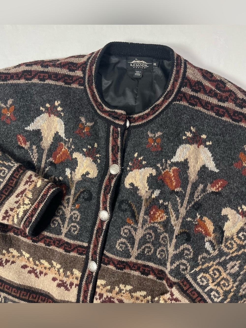 Icelandic Design Faire Isle Floral Knit Cardigan Sweater Womens